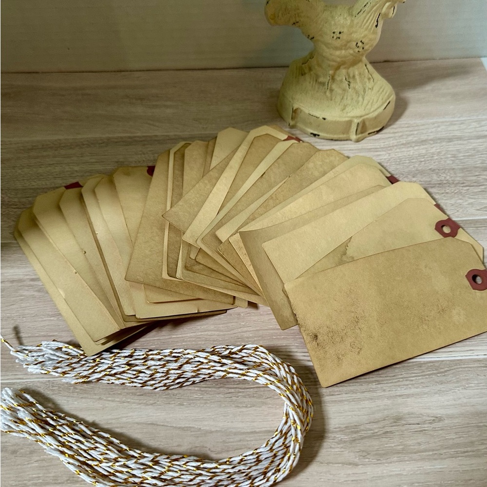 15 Coffee Dyed Manila Tags: Gold Twine, Junk Journaling, 15pc, 4-3/4” x 2-3/8”